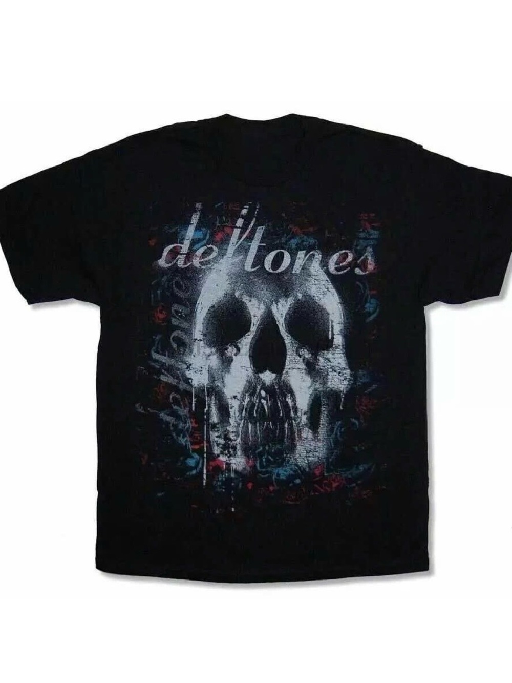 Deftones Black Tee with White Skull and Red & Blue Accents